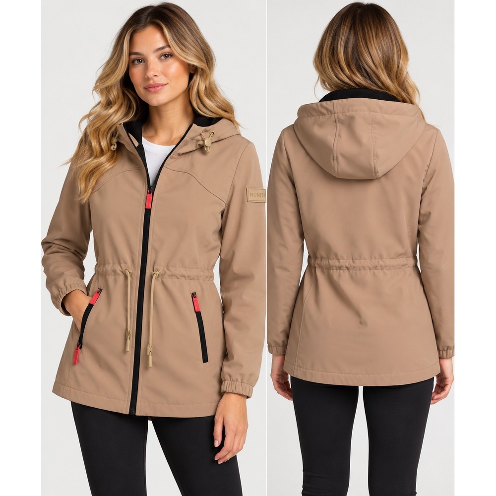 NWT Hunter Florence Womens S Tan Hooded Softshell Rain Jacket Coat Utility Parka